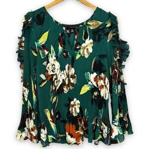 Melissa Paige Pleated Floral Blouse Top Cold Shoulder Ruffle Sleeve Green Small